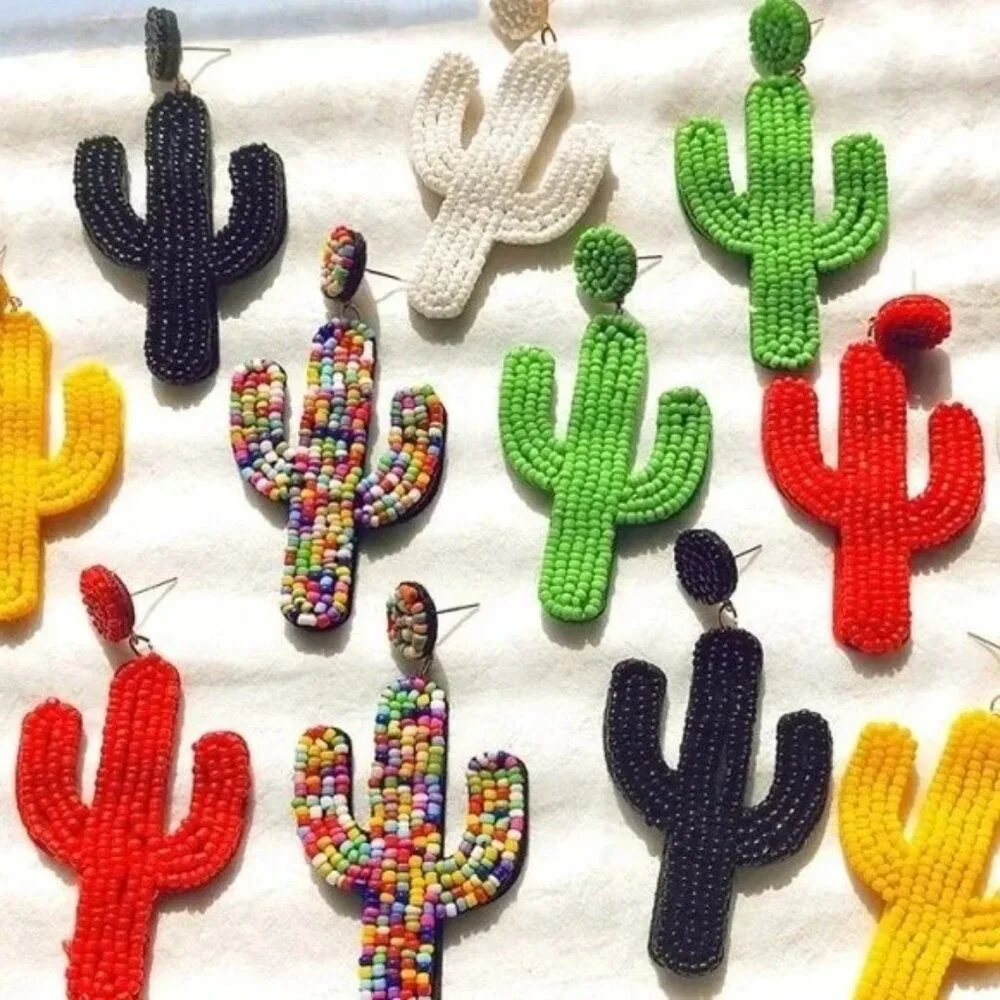 Cactus Glass Bead Green Statement Desert Plant Southwestern Dangle Party Earring